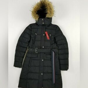 Tommy Hilfiger Women's Full Zip Hood Black Puffer Down Knee Coat Size S